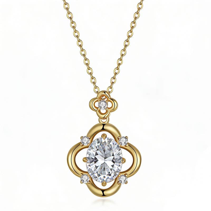 FX39619款S925银镀18K金蛋形Moissanite四叶花Necklace主石10*8mmmm/3.0ct