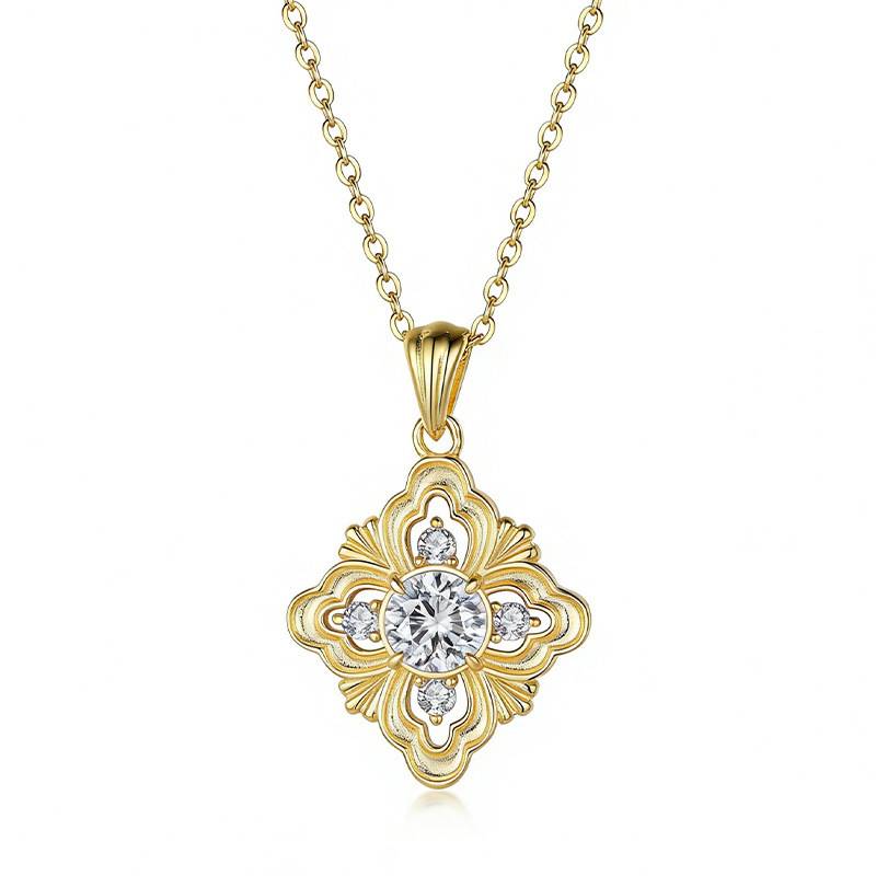 FX39623款S925银镀18K金圆形Moissanite老钱风四叶花Necklace1.4ct