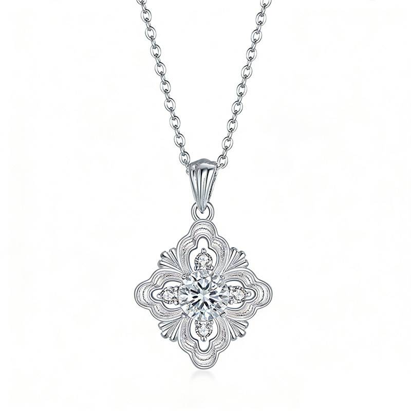 FX39623款S925银镀18K金圆形Moissanite老钱风四叶花Necklace1.4ct