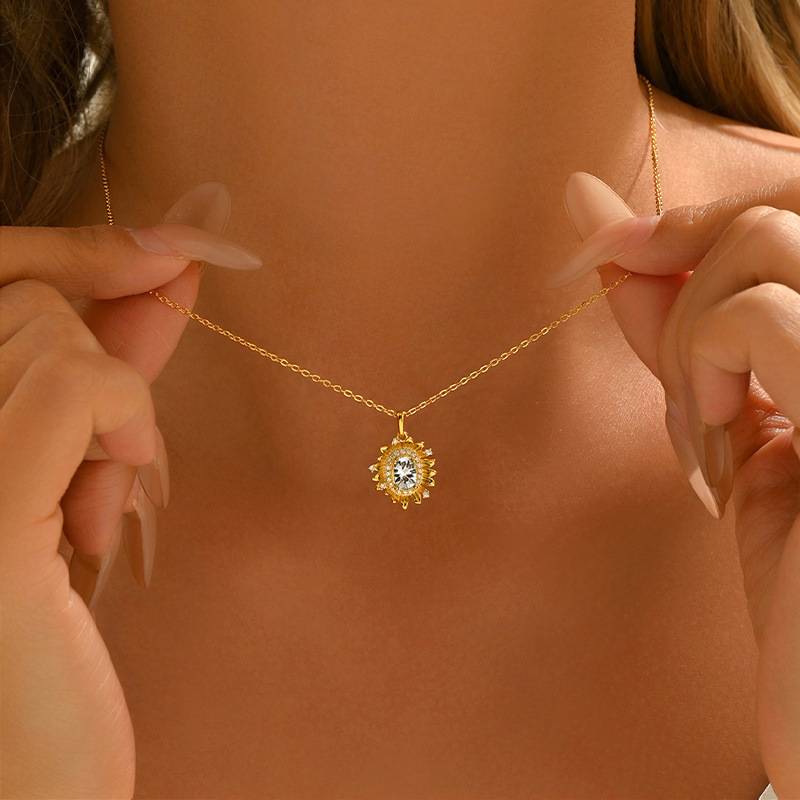 FX39889款S925银镀18K金蛋形Moissanite向日葵Necklace主石5*7mmmm/0.8ct
