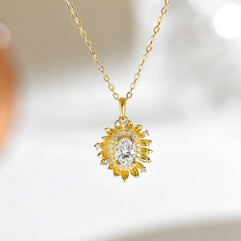FX39889款S925银镀18K金蛋形Moissanite向日葵Necklace主石5*7mmmm/0.8ct