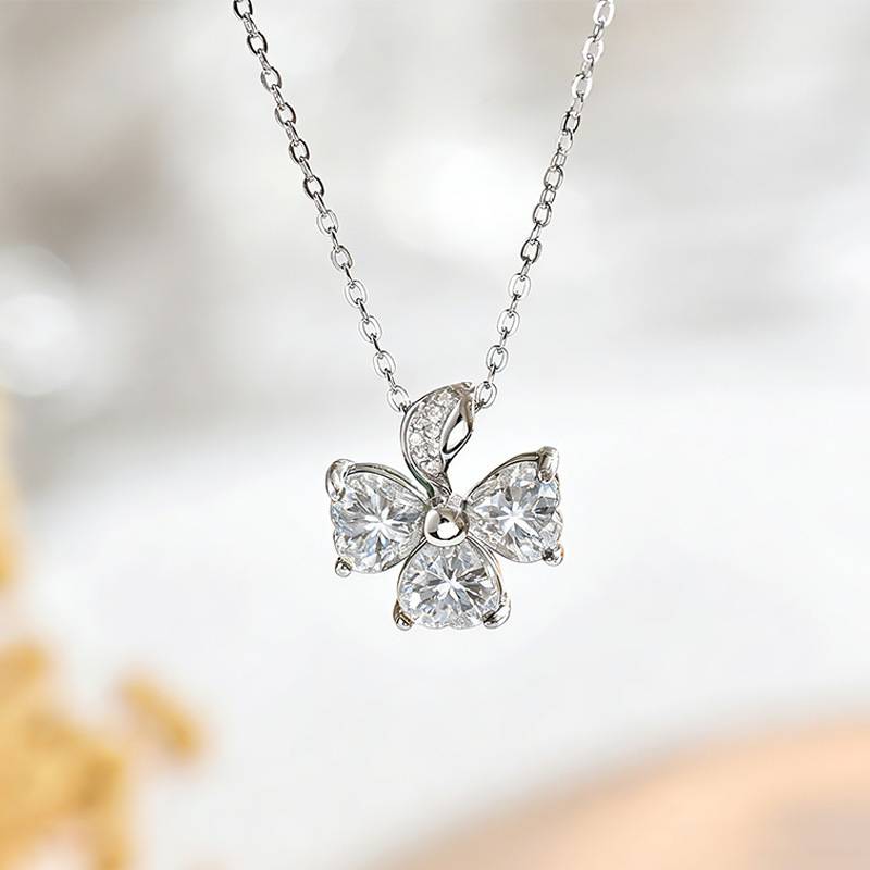 FX39898款S925银镀18K金心形Moissanite三叶草Necklace2.43ct