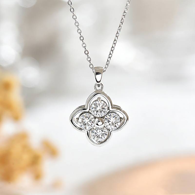 FX39917款S925银镀18K金圆形Moissanite幸运四叶草Necklace2.0ct