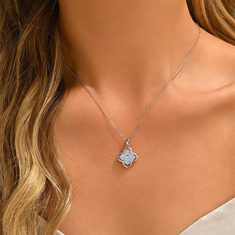 FX39917款S925银镀18K金圆形Moissanite幸运四叶草Necklace2.0ct