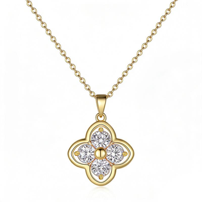 FX39917款S925银镀18K金圆形Moissanite幸运四叶草Necklace2.0ct