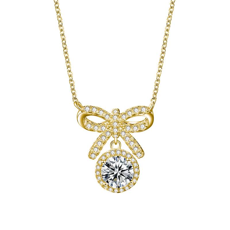HZ1335EWD款S925银镀18K金圆形Moissanite蝴蝶结Necklace主石6.5mm/1.0ct
