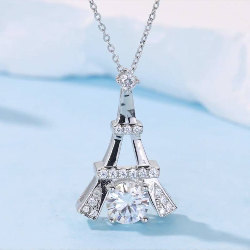 HZ1463WD款S925银镀18K金圆形MoissaniteRomantic铁塔Necklace主石6.5mm/1.0ct