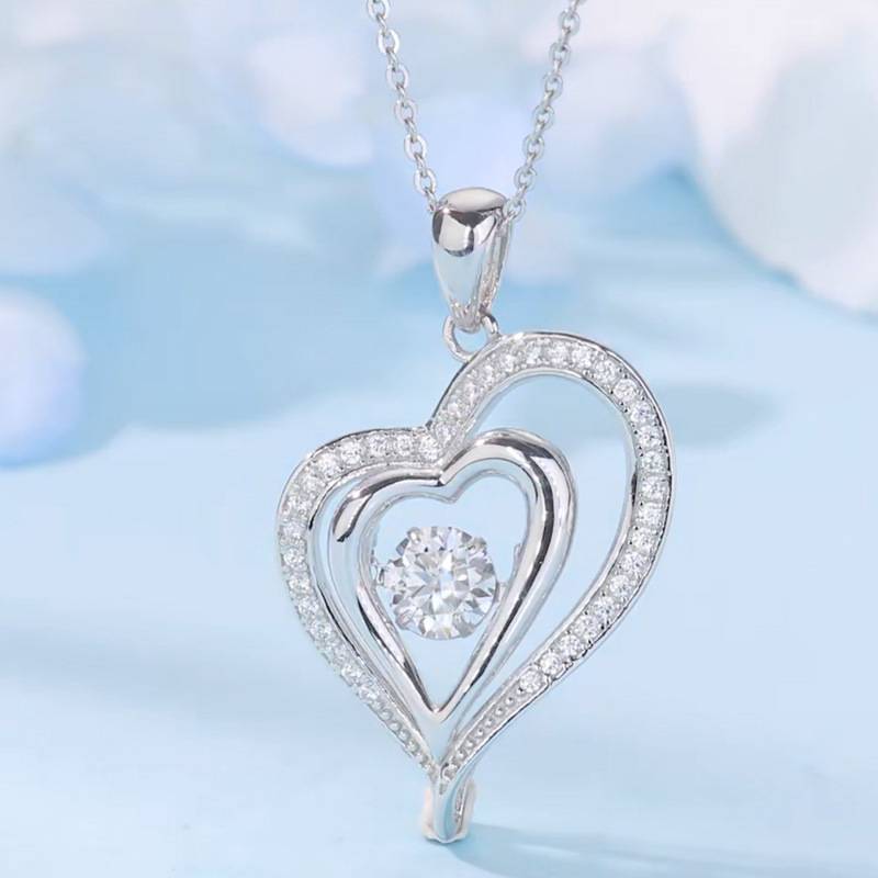 HZ1440WD款S925银镀18K金圆形莫桑钻灵动双心项链主石6.5mm/1.0ct
