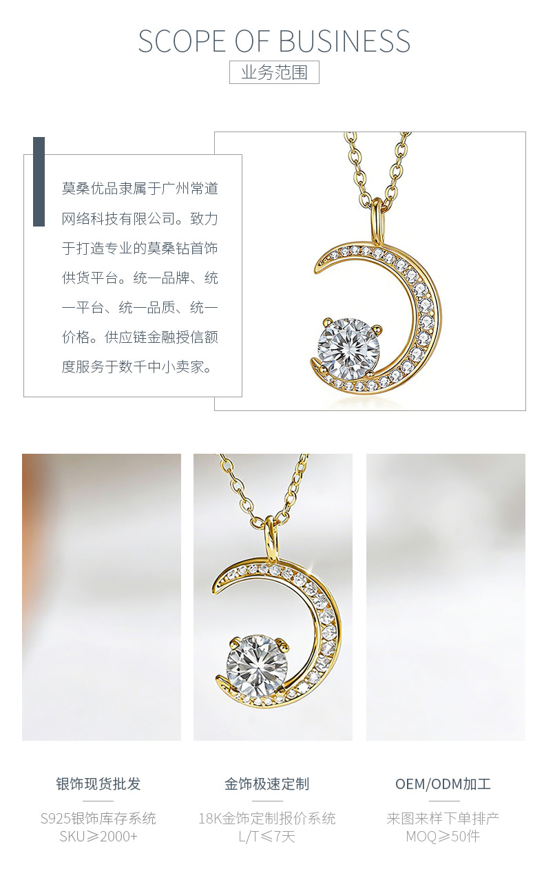 FX39546款S925银镀18K金圆形莫桑钻星月交辉项链主石6.0mm/0.8ct - 3