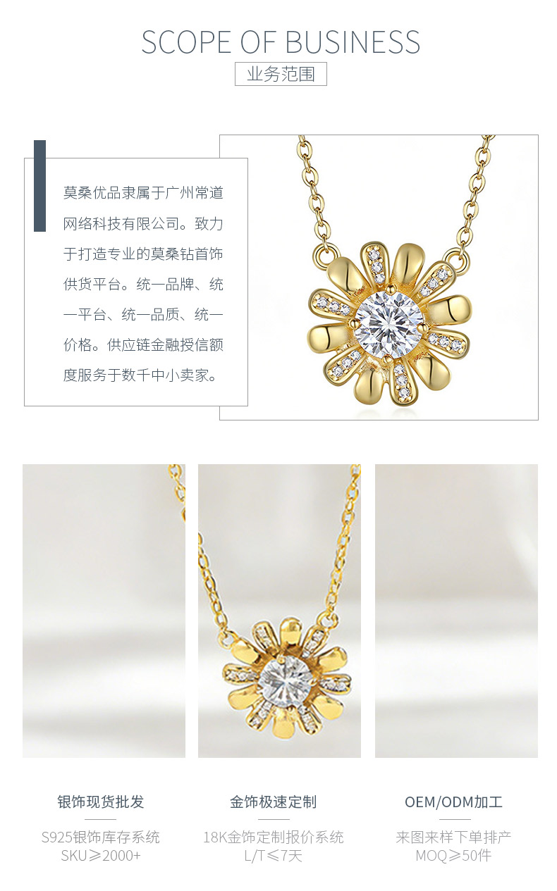 FX39548款S925银镀18K金圆形莫桑钻小雏菊项链主石5.0mm/0.5ct - 3