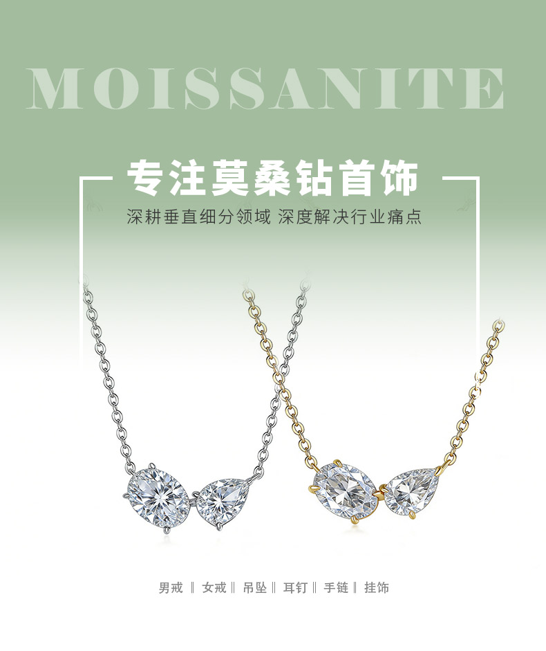 FX39622款S925银镀18K金双石款莫桑钻有你相伴项链2.3ct - 1