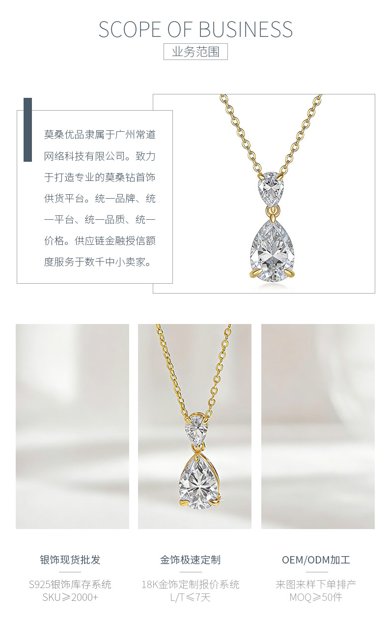 FX39885款S925银镀18K金水滴形莫桑钻璀璨露珠项链2.5ct - 3