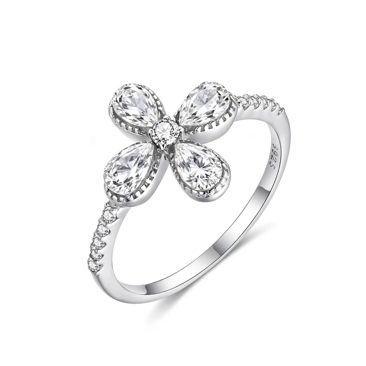 FX39366款S925银镀18K金水滴形Moissanite四叶草Women's Ring1.5ct