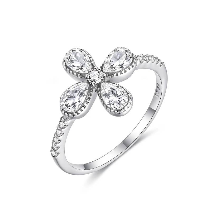FX39366款S925银镀18K金水滴形Moissanite四叶草Women's Ring1.5ct