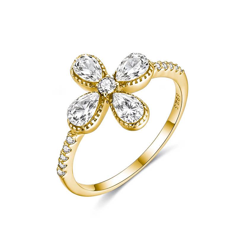 FX39366款S925银镀18K金水滴形Moissanite四叶草Women's Ring1.5ct