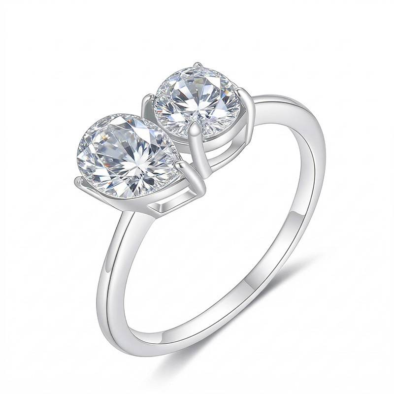 FX39617款S925银镀18K金水滴形圆形Moissanite双石款相辅相成Women's Ring1.6ct