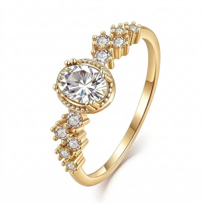 FX39388款S925银镀18K金蛋形莫桑钻一路生花女戒0.72ct