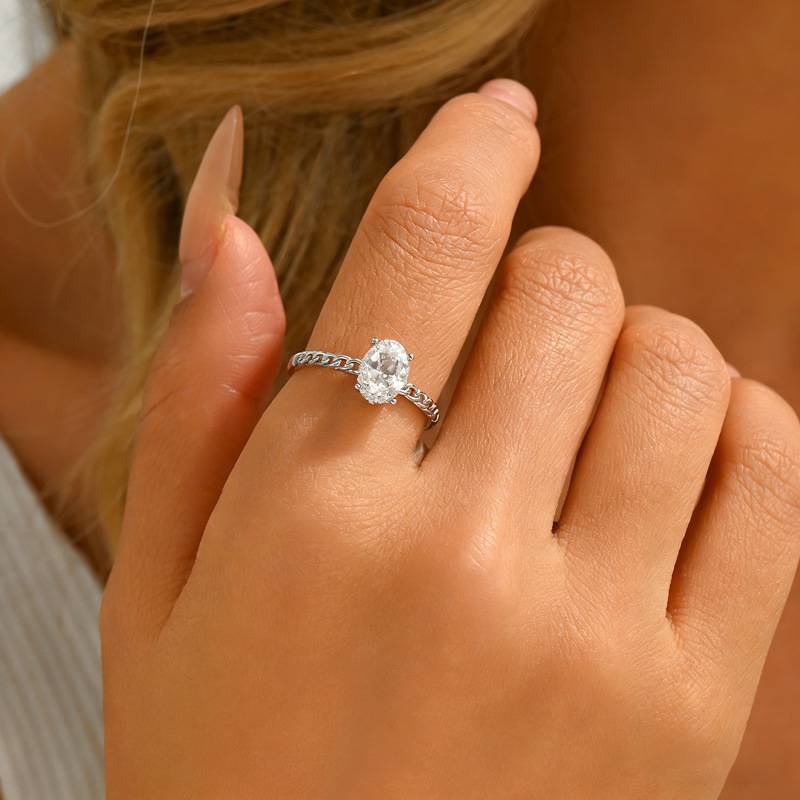FX39511款S925银镀18K金蛋形莫桑钻古巴链扣女戒主石8*6mm/1.5ct