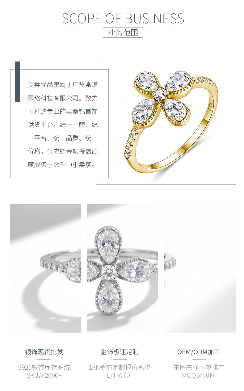 FX39366款S925银镀18K金水滴形莫桑钻四叶草女戒1.5ct - 3