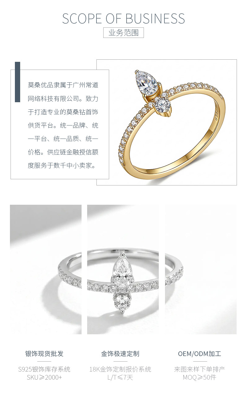 FX39369款S925银镀18K金水滴形莫桑钻彼此守护轻奢女戒0.6ct - 3