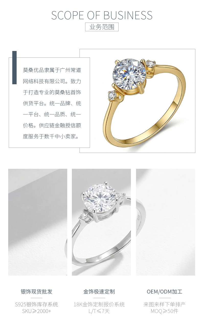 FX39519款S925银镀18K金圆形莫桑钻相伴在侧女戒主石6.0mm/0.8ct - 3