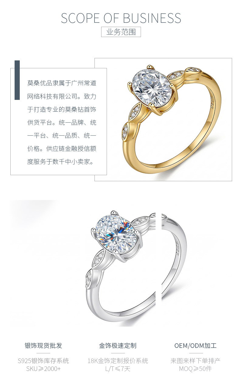 FX39517款S925银镀18K金蛋形莫桑钻一叶知秋女戒主石8*6mm/1.5ct - 3