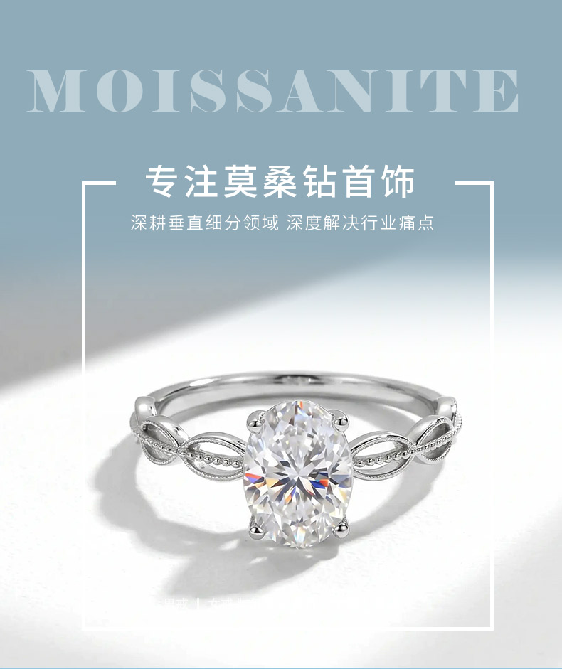 FX39512款S925银镀18K金蛋形莫桑钻镂空扭绳女戒主石8*6mm/1.5ct - 1