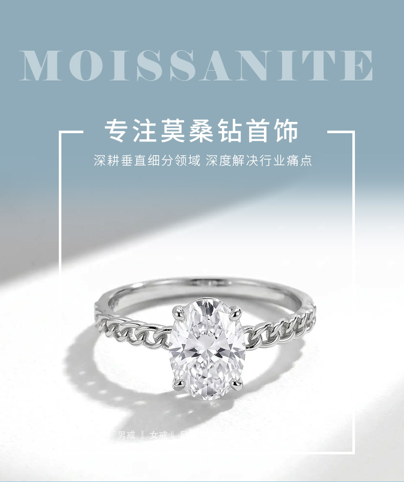 FX39511款S925银镀18K金蛋形莫桑钻古巴链扣女戒主石8*6mm/1.5ct - 1