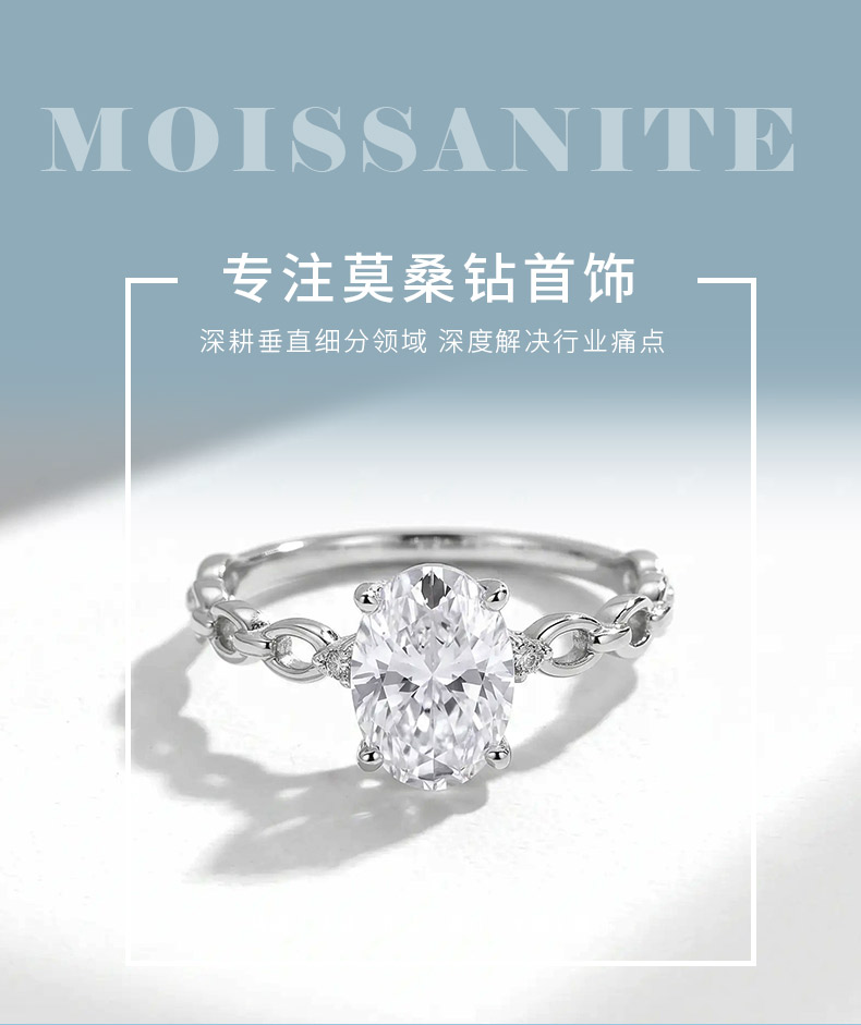 FX39510款S925银镀18K金蛋形莫桑钻环环相扣女戒主石8*6mm/1.5ct - 1