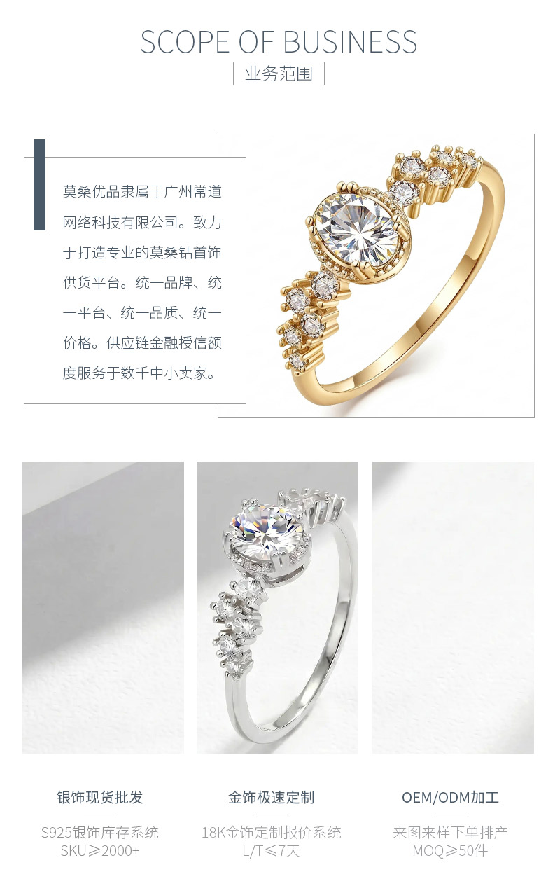 FX39388款S925银镀18K金蛋形莫桑钻一路生花女戒0.72ct - 3