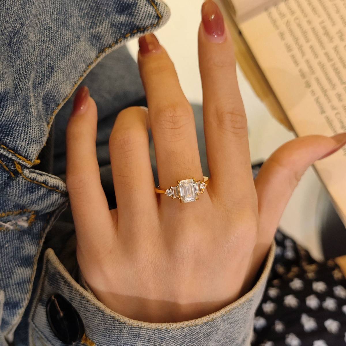 XY52款S925银镀18K黄金祖母绿切割形Moissanite欧美Affordable LuxuryWomen's Ring主石8*6mmmm/2.0ct