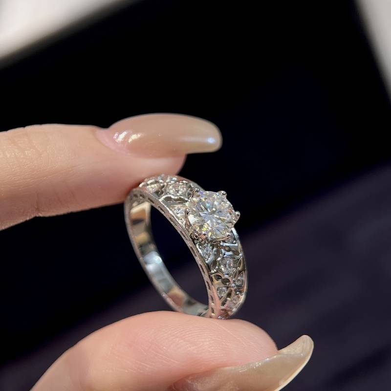 XY03款S925银镀18K白金圆形Moissanite宫廷风镂空Women's Ring主石6.5mm/1.0ct