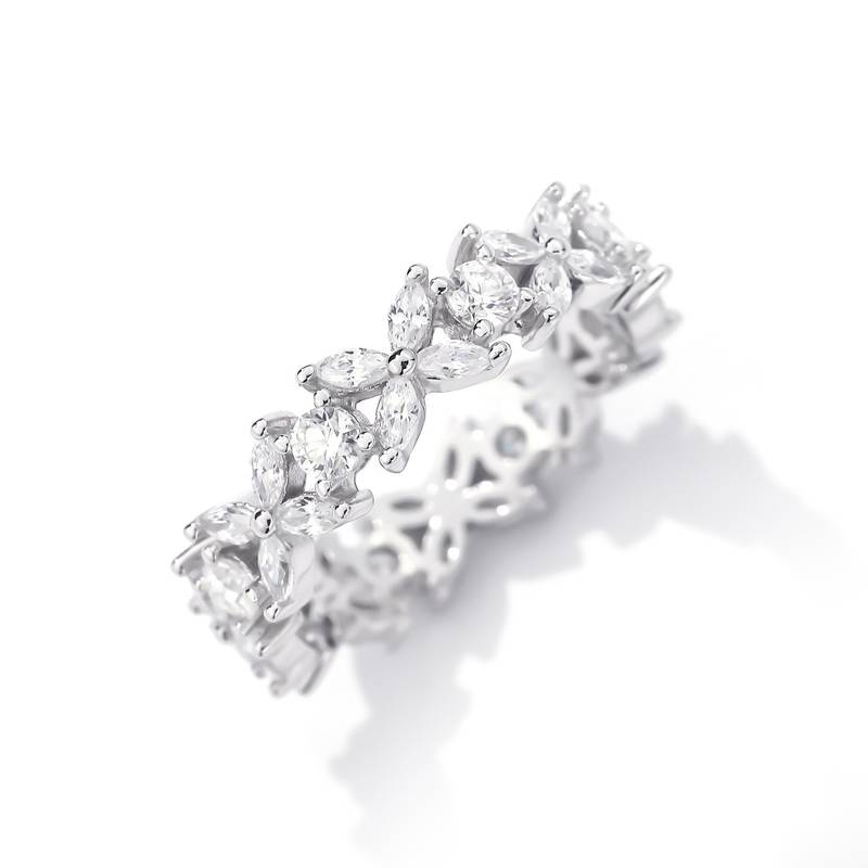 HS035款银S925银镀18K白金圆形Moissanite女四叶草排戒0.7ct
