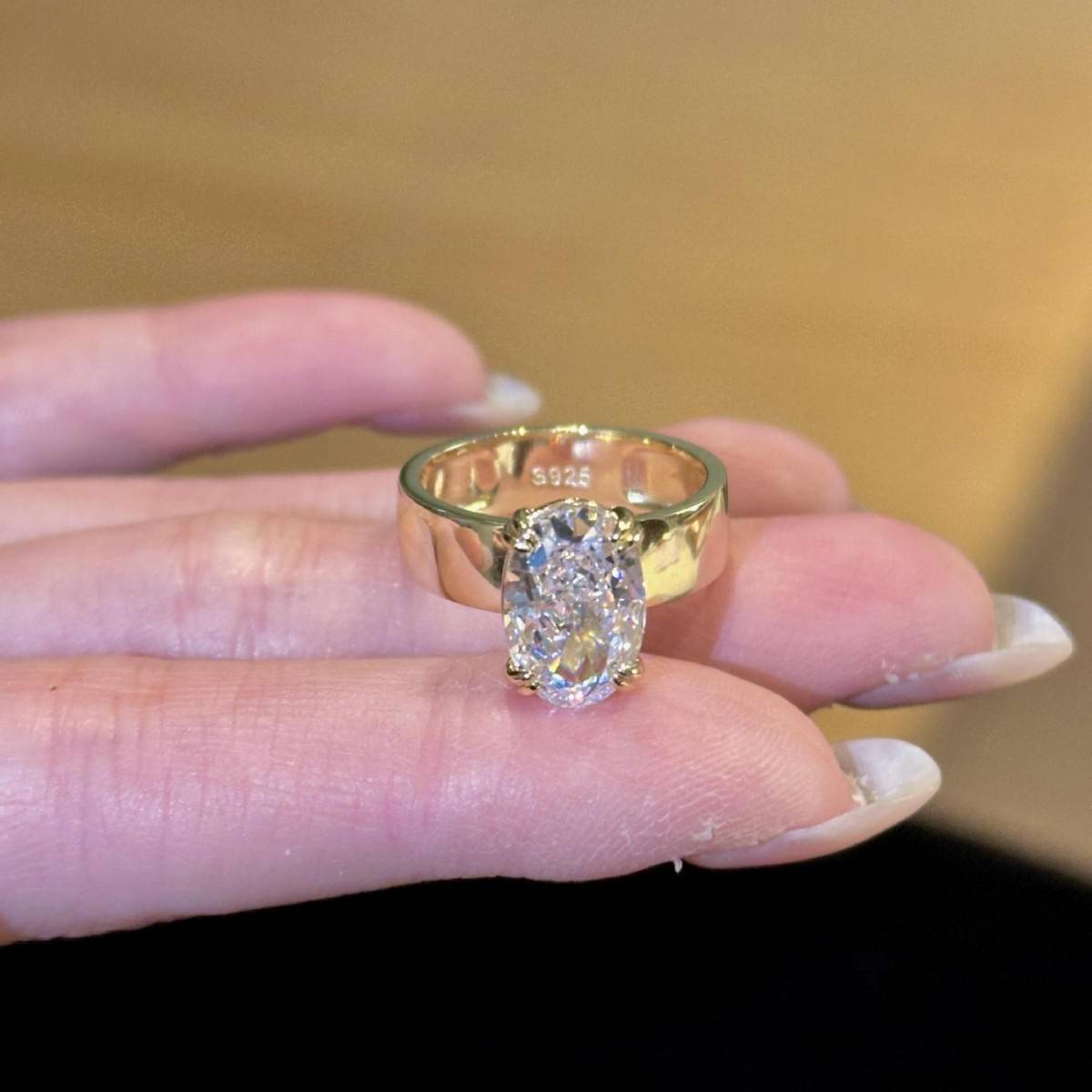 HS09款S925银镀18K黄金蛋形Moissanite欧美摇滚风Women's Ring主石12*8mmmm/4.5ct