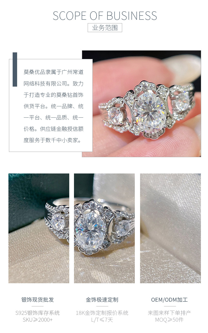 SN040款S925银镀18K白金蛋形莫桑钻轻奢女戒主石8*6mm/1.5ct - 3