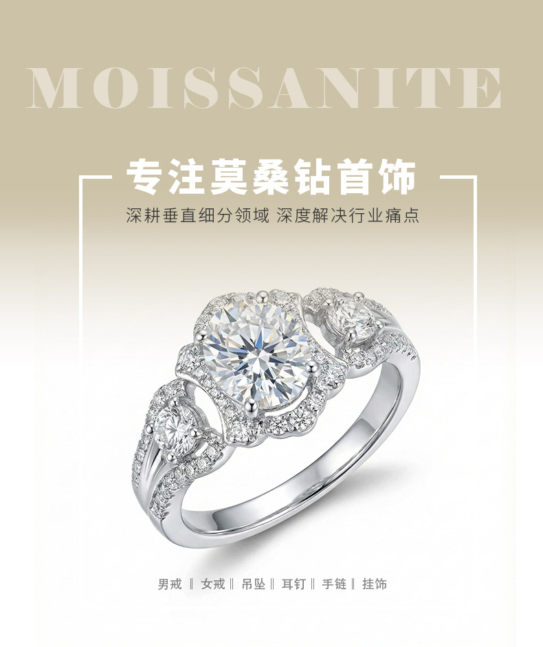 SN040款S925银镀18K白金蛋形莫桑钻轻奢女戒主石8*6mm/1.5ct - 1
