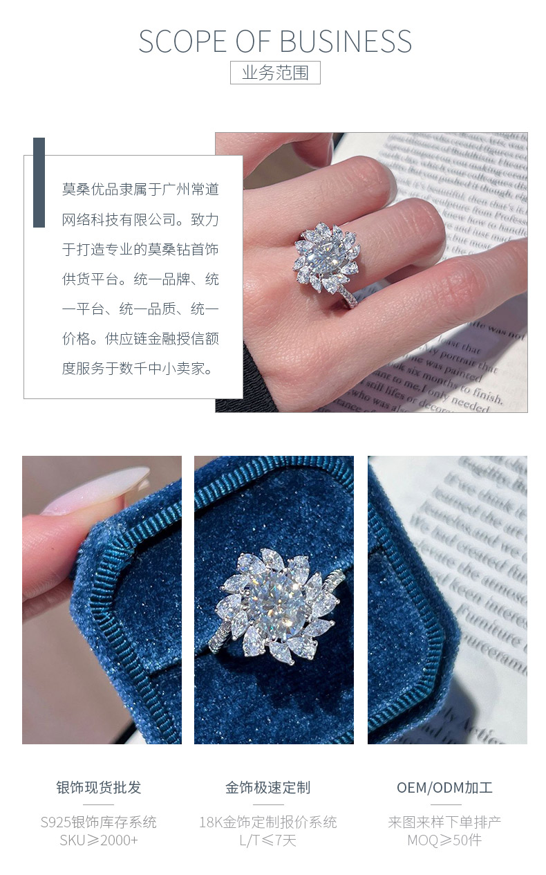 SN472款S925银镀18K白金蛋形莫桑钻向日葵花女戒主石9*7mm/2.0ct - 3
