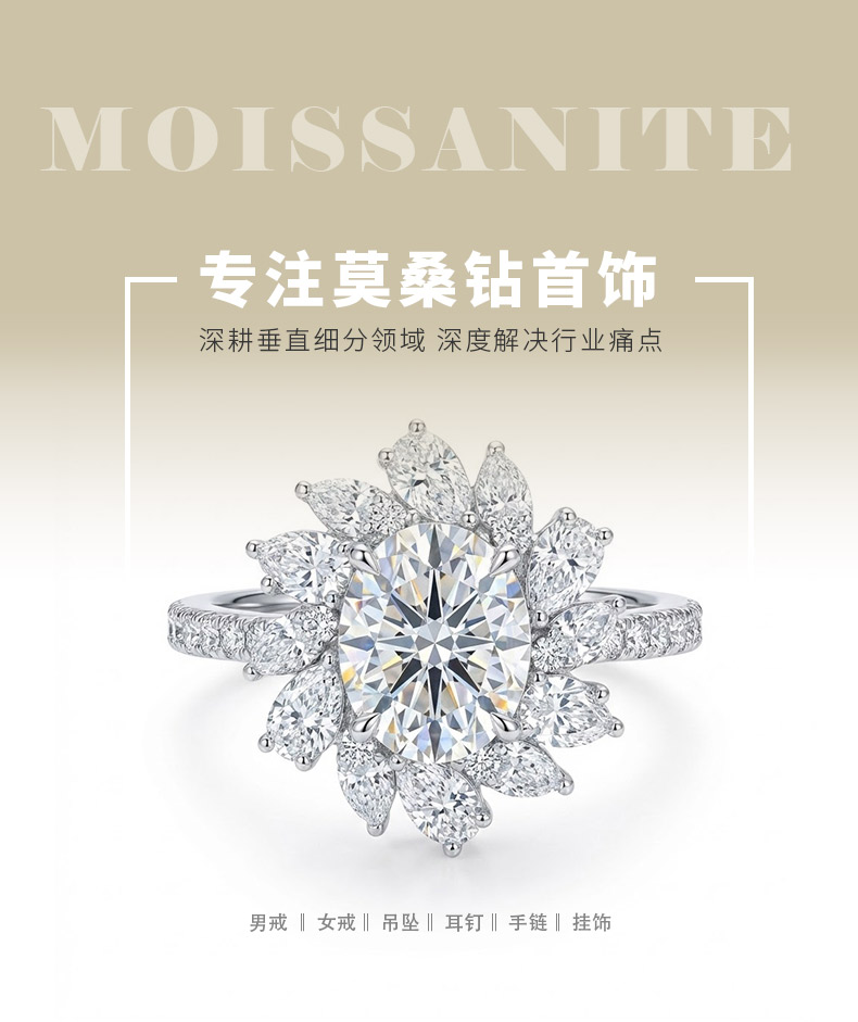 SN472款S925银镀18K白金蛋形莫桑钻向日葵花女戒主石9*7mm/2.0ct - 1