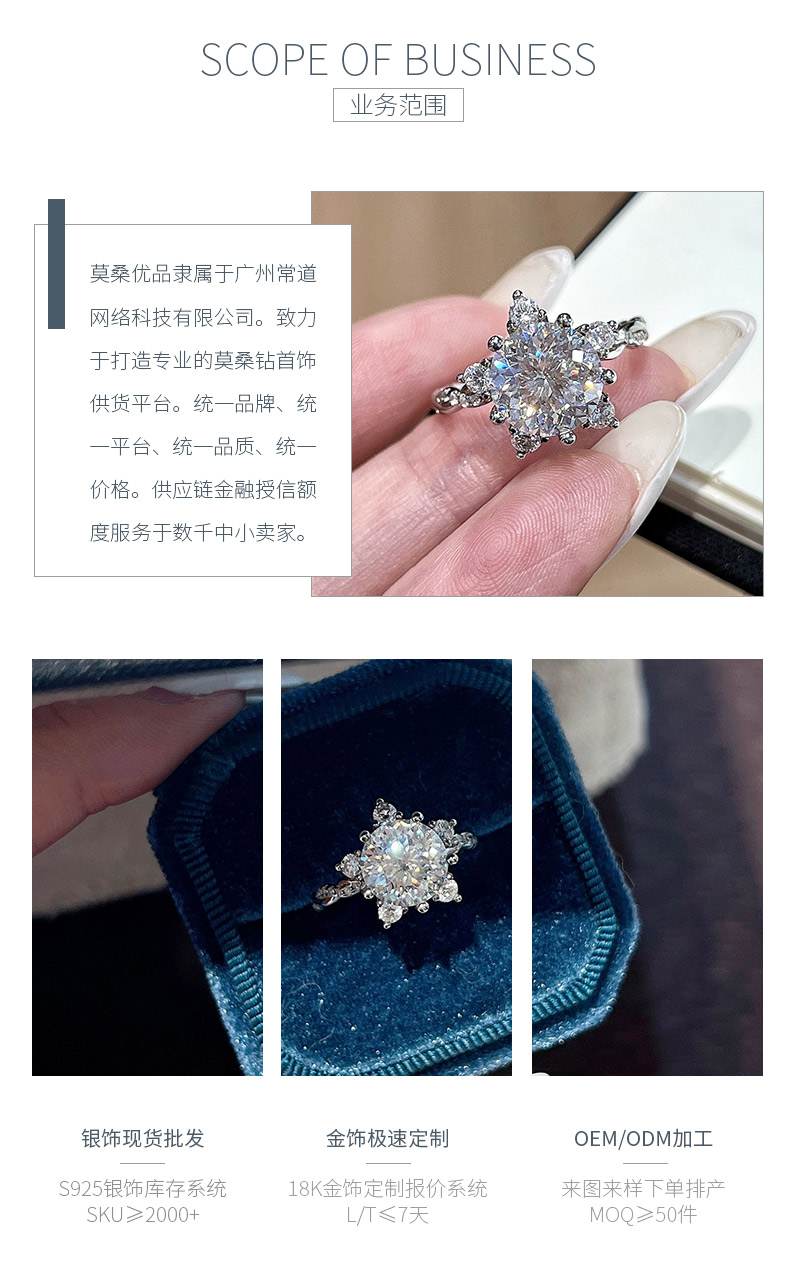 SN458款S925银镀18K白金圆形莫桑钻浪漫雪花扭臂女戒主石9.0mm/3.0ct - 3