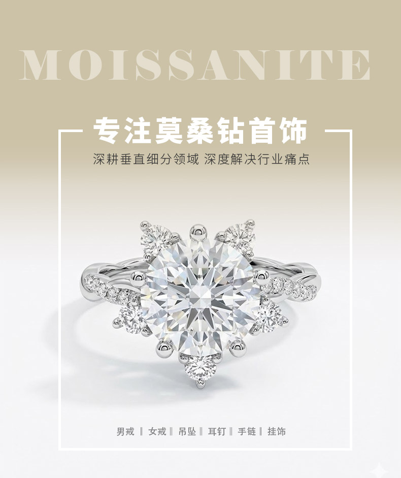 SN458款S925银镀18K白金圆形莫桑钻浪漫雪花扭臂女戒主石9.0mm/3.0ct - 1