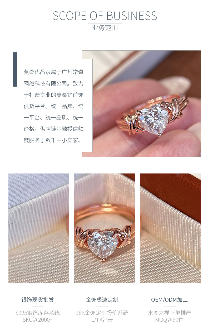 SN500款S925银镀18K玫瑰金心形莫桑钻交叉戒臂时尚女戒主石7*7mm/1.2ct - 3