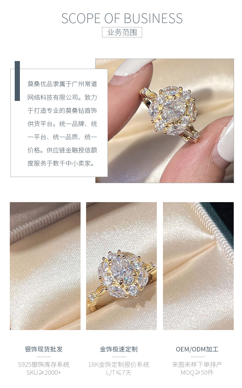 SN453款S925银镀18K黄金蛋形莫桑钻花朵轻奢高级女戒主石7*5mm/1.0ct - 3