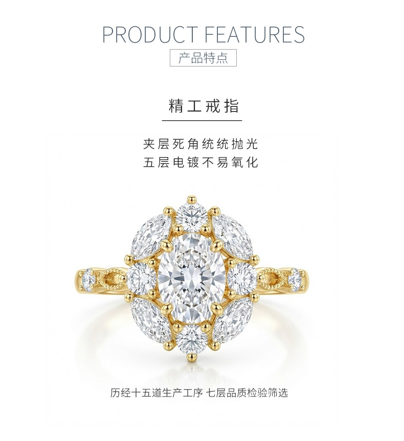 SN453款S925银镀18K黄金蛋形莫桑钻花朵轻奢高级女戒主石7*5mm/1.0ct - 5
