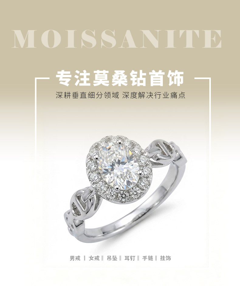 SN014款S925银镀18K白金蛋形莫桑钻猪鼻子轻奢女戒主石7*5mm/1.0ct - 1