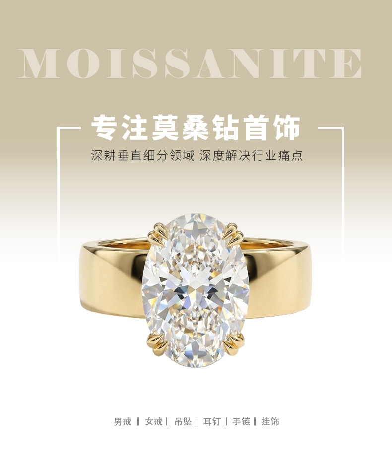HS09款S925银镀18K黄金蛋形莫桑钻欧美摇滚风女戒主石12*8mm/4.5ct - 1