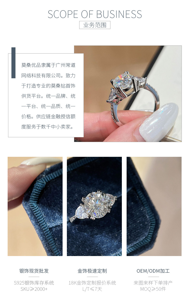 SN205款S925银镀18K白金蛋形莫桑钻三石款轻奢女戒主石10*8mm/3.0ct - 3