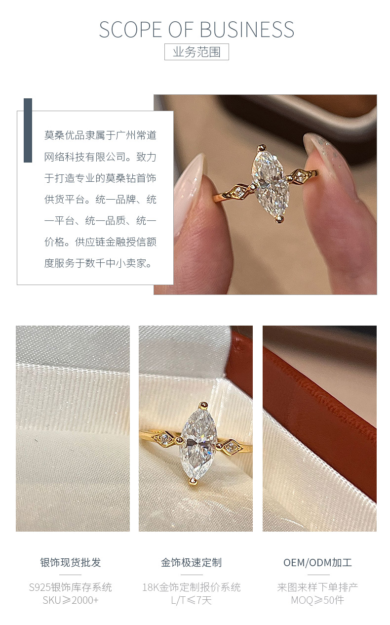 SN101款S925银镀18K黄金祖马眼形莫桑钻ins风法式轻奢女戒12*6mm/2.0ct - 3