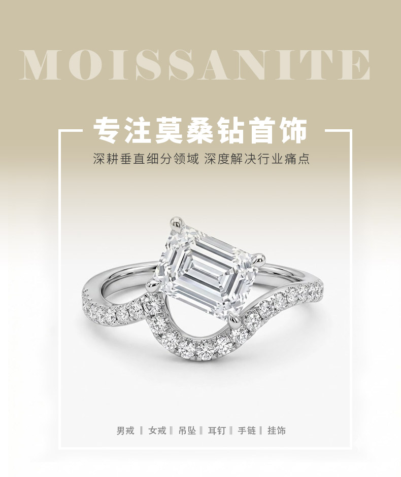 SN104款S925银镀18K白金祖母绿切割形莫桑钻时尚轻奢女戒主石8*6mm/2.0ct - 1