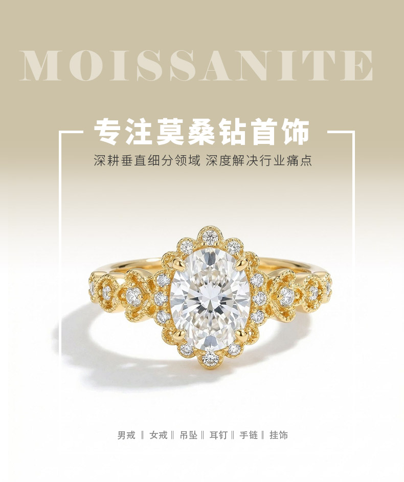 XY54款S925银镀18K黄金蛋形莫桑钻繁花女戒主石9*7mm/2.0ct - 1