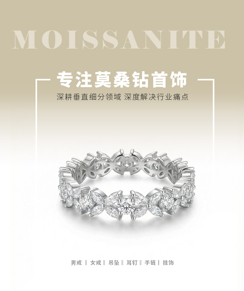 HS035款银S925银镀18K白金圆形莫桑钻女四叶草排戒0.7ct - 1